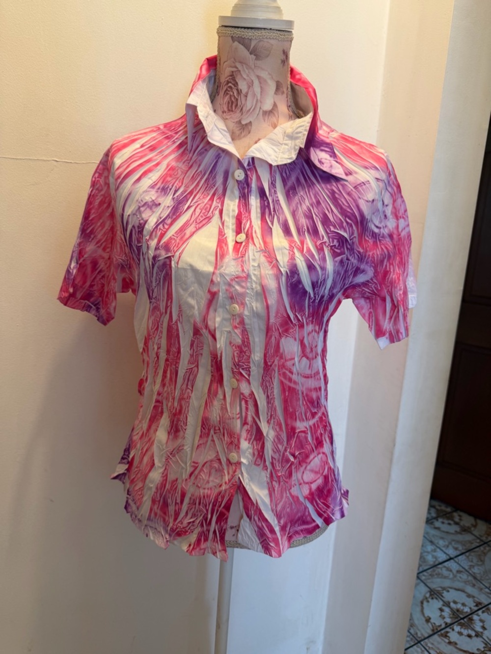 Pink & Purple Short Sleeve Button-Down Blouse